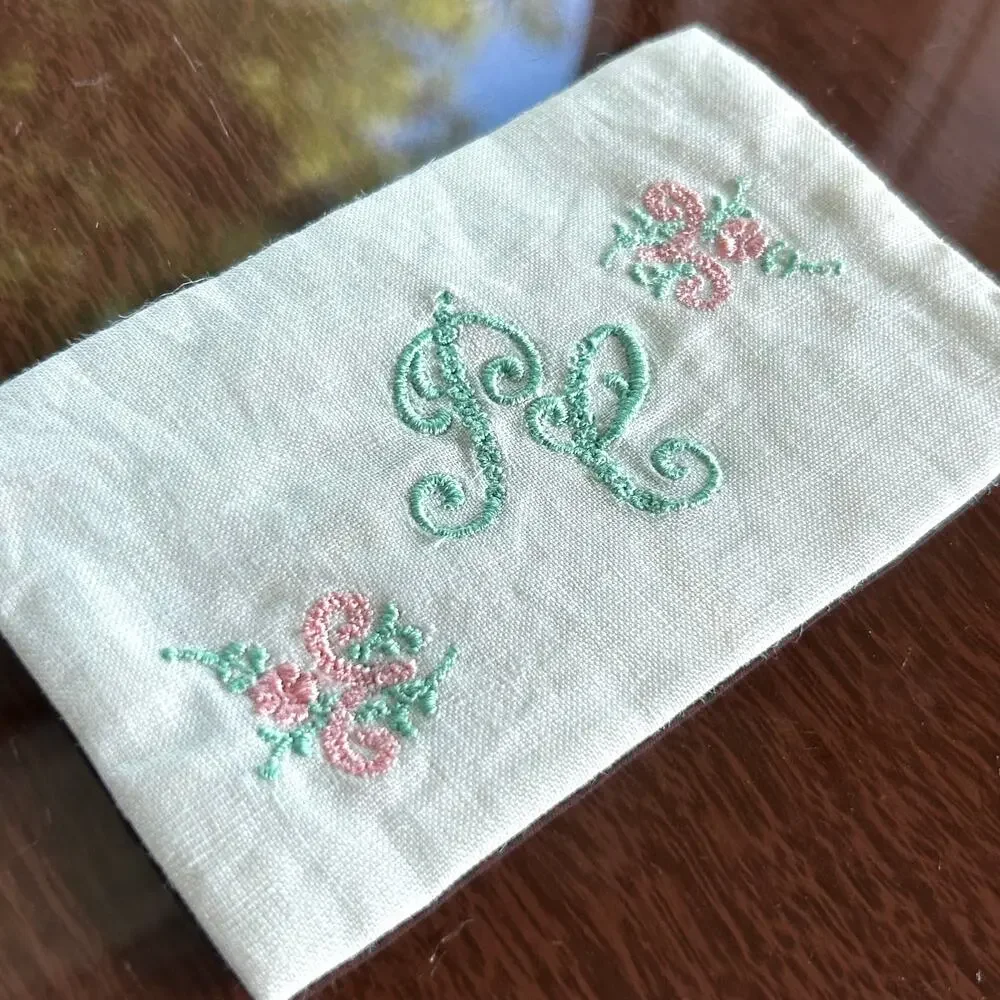 Vintage Embroidered Linen Tissue Holder Monogram PL Floral Case